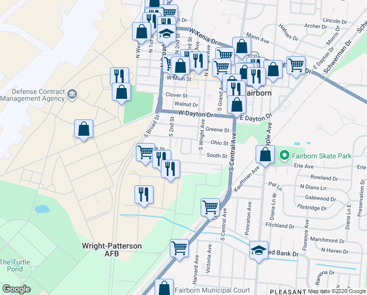 map of restaurants, bars, coffee shops, grocery stores, and more near 309 Arms Drive in Fairborn