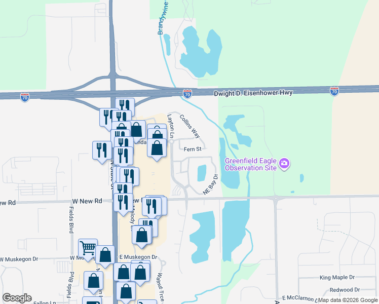 map of restaurants, bars, coffee shops, grocery stores, and more near 657 Fern Street in Greenfield