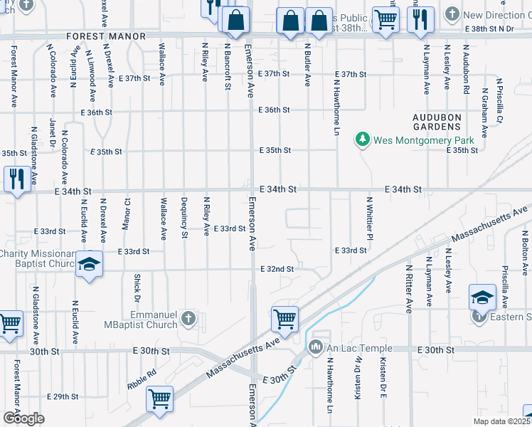 map of restaurants, bars, coffee shops, grocery stores, and more near 3347 North Emerson Avenue in Indianapolis