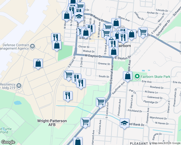 map of restaurants, bars, coffee shops, grocery stores, and more near 309 Arms Drive in Fairborn
