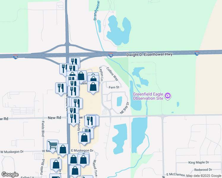 map of restaurants, bars, coffee shops, grocery stores, and more near 651 Fern Street in Greenfield