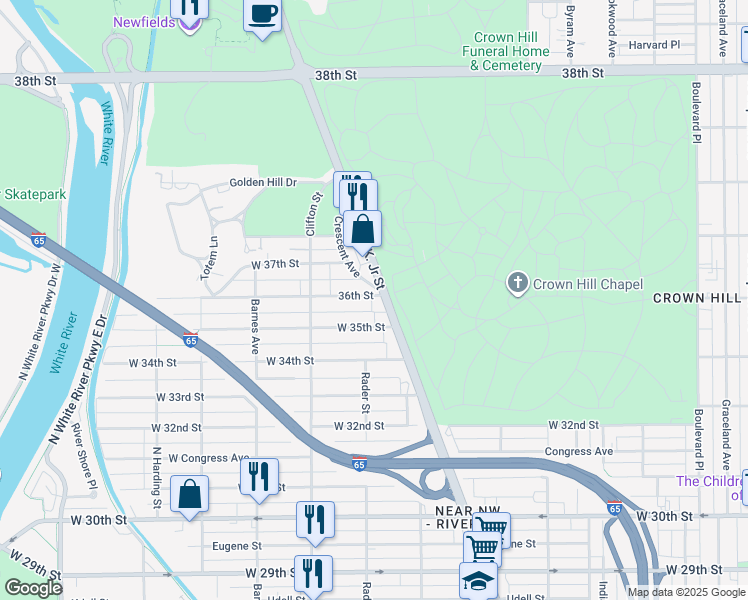 map of restaurants, bars, coffee shops, grocery stores, and more near 1000 36th Street in Indianapolis