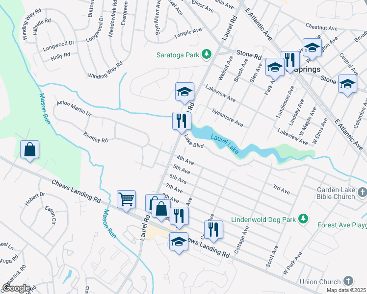 map of restaurants, bars, coffee shops, grocery stores, and more near 624 Woodland Avenue in Lindenwold