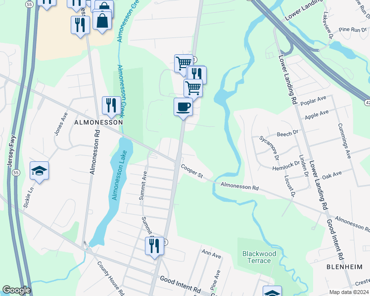 map of restaurants, bars, coffee shops, grocery stores, and more near 1385 Hurffville Road in Deptford