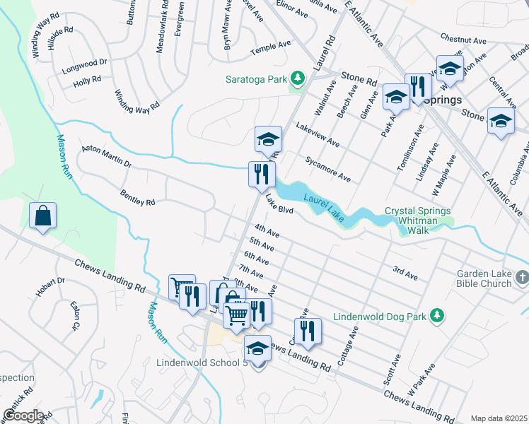 map of restaurants, bars, coffee shops, grocery stores, and more near 624 Woodland Avenue in Lindenwold