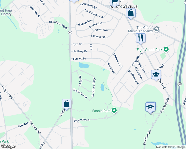 map of restaurants, bars, coffee shops, grocery stores, and more near 114 Redstone Ridge in Deptford