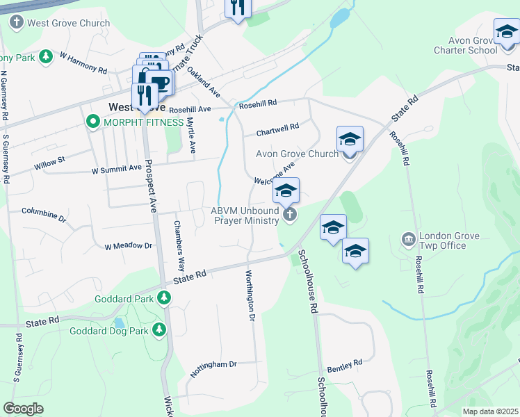 map of restaurants, bars, coffee shops, grocery stores, and more near 4 Newfield Court in West Grove