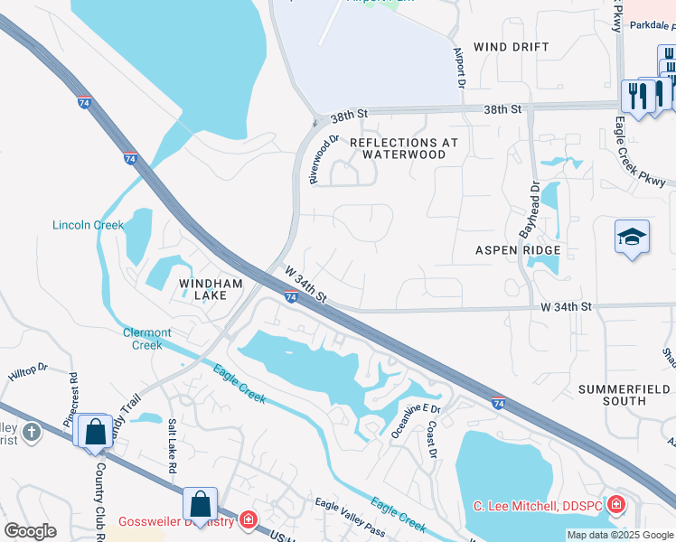 map of restaurants, bars, coffee shops, grocery stores, and more near 3484 Marabou Mills Lane in Indianapolis