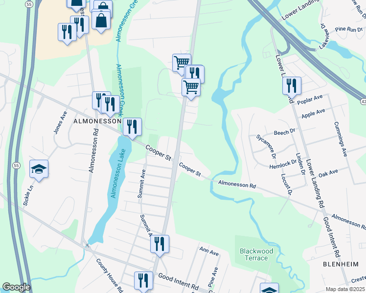 map of restaurants, bars, coffee shops, grocery stores, and more near 1385 Hurffville Road in Deptford