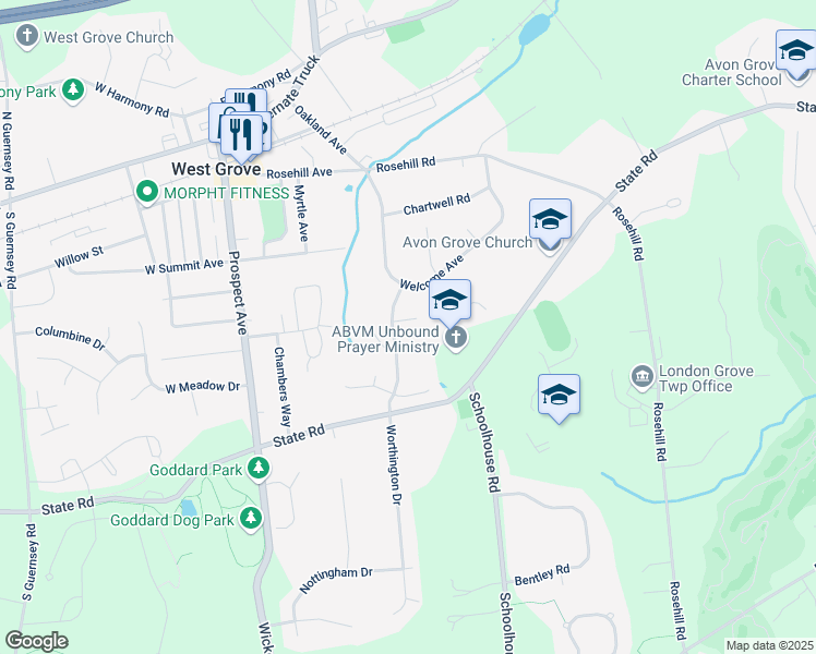 map of restaurants, bars, coffee shops, grocery stores, and more near 4 Newfield Court in West Grove
