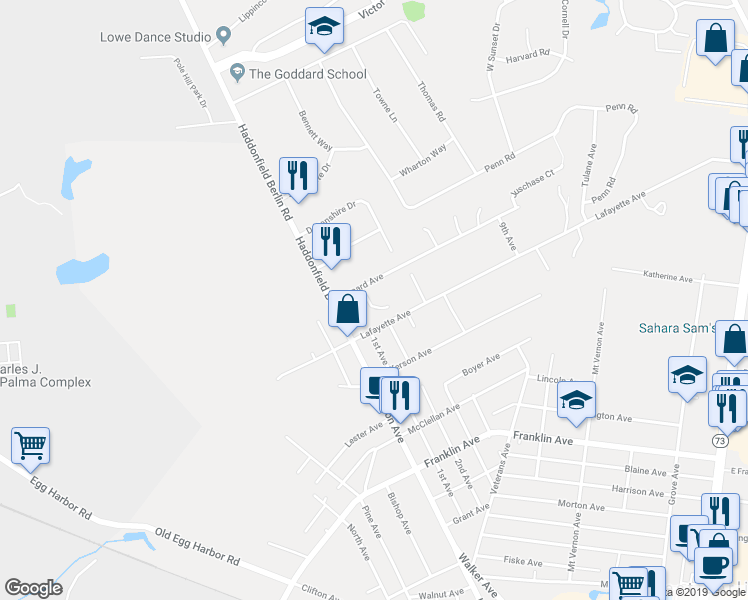 map of restaurants, bars, coffee shops, grocery stores, and more near 3 Catania Court in Voorhees Township