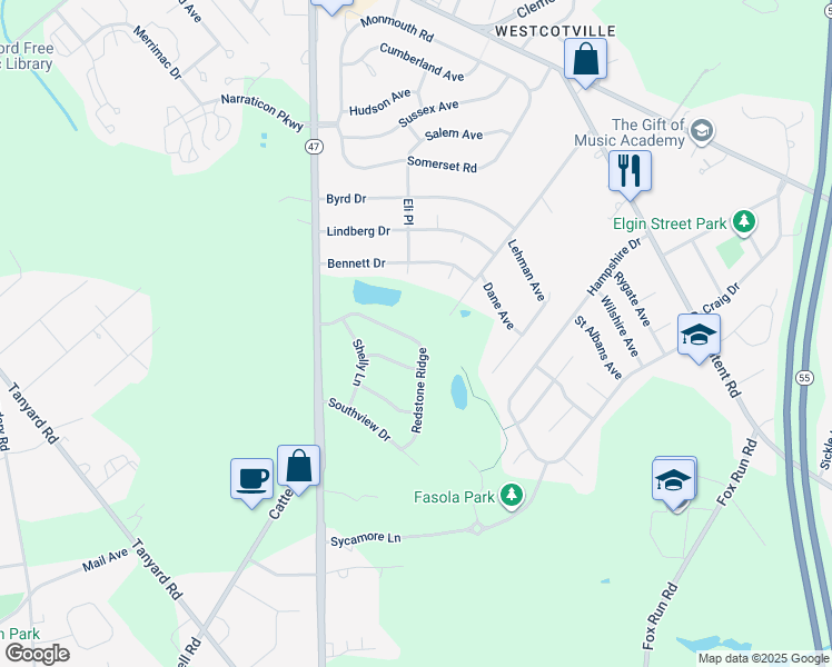 map of restaurants, bars, coffee shops, grocery stores, and more near 114 Redstone Ridge in Deptford