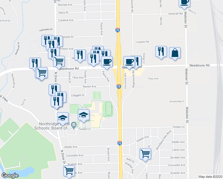 map of restaurants, bars, coffee shops, grocery stores, and more near 2332 Rector Avenue in Dayton