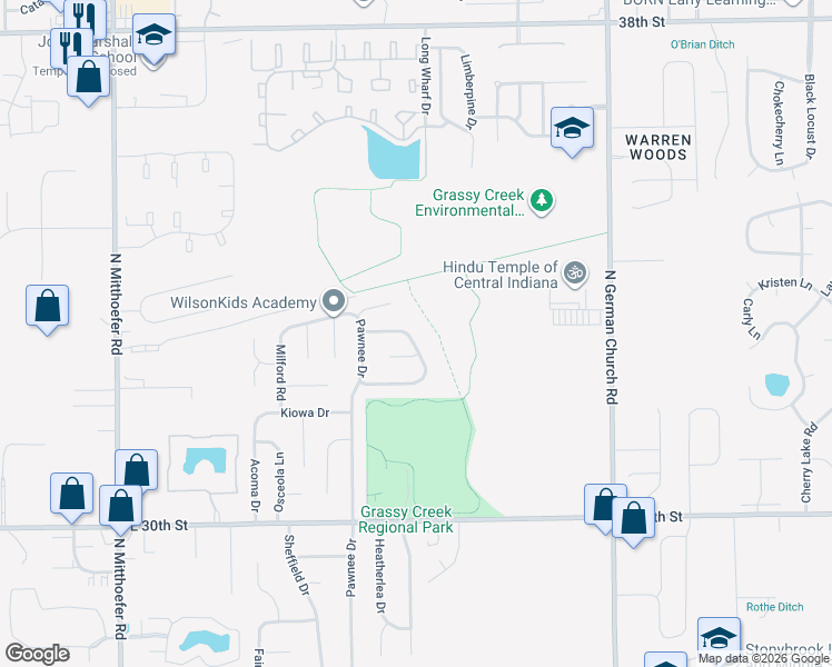 map of restaurants, bars, coffee shops, grocery stores, and more near 3273 Mohave Lane in Indianapolis