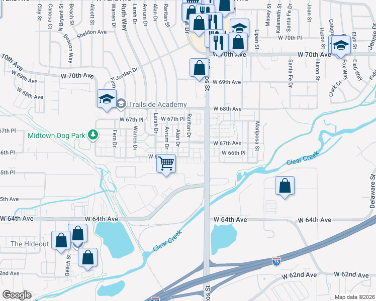 map of restaurants, bars, coffee shops, grocery stores, and more near 1700 West 67th Avenue in Denver