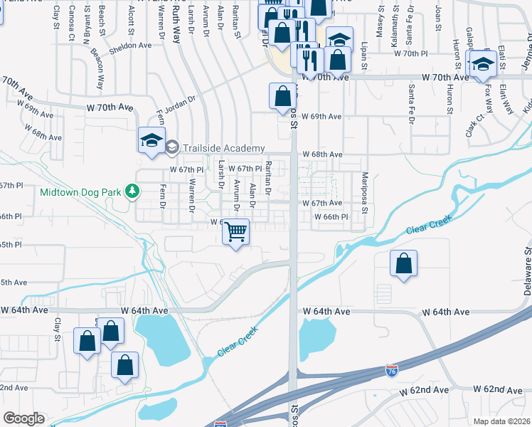 map of restaurants, bars, coffee shops, grocery stores, and more near 1700 West 67th Avenue in Denver
