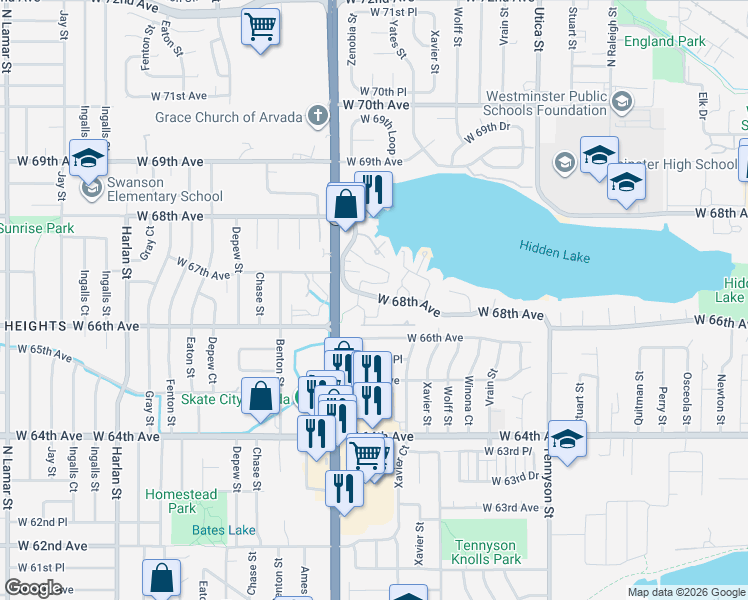 map of restaurants, bars, coffee shops, grocery stores, and more near 6889 Xavier Circle in Westminster