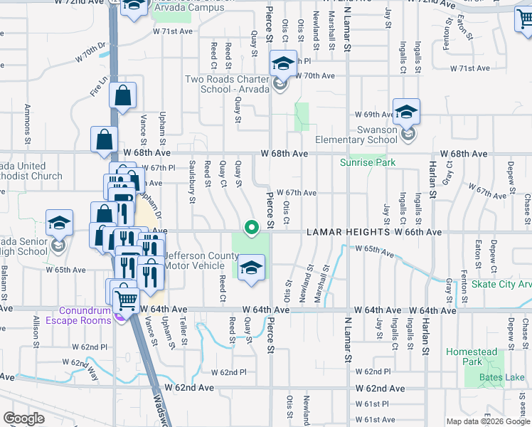 map of restaurants, bars, coffee shops, grocery stores, and more near 6645 Pierce Street in Arvada