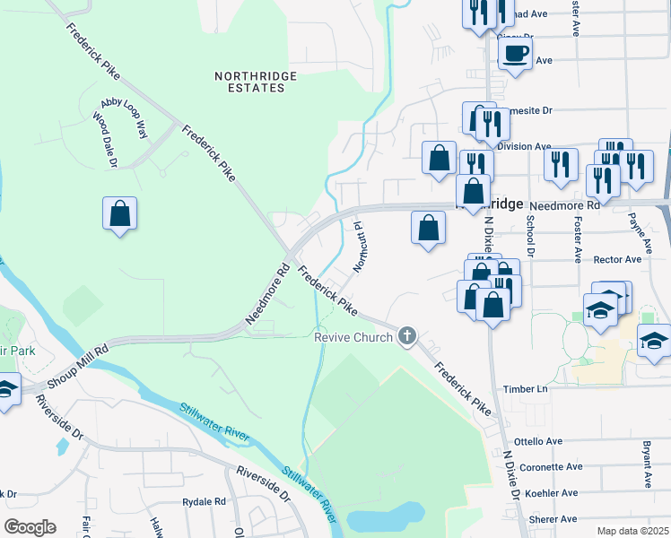 map of restaurants, bars, coffee shops, grocery stores, and more near 4949 Northcutt Place in Dayton