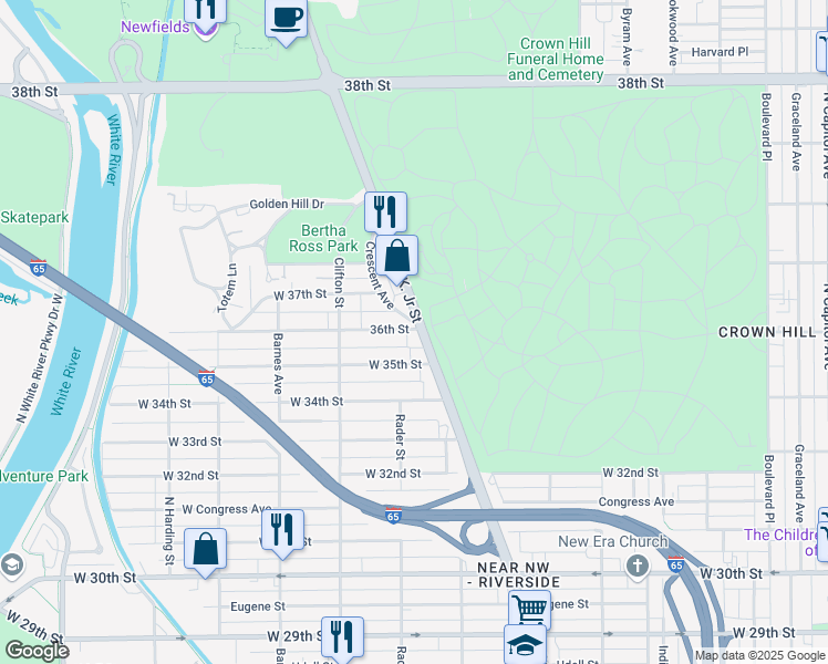 map of restaurants, bars, coffee shops, grocery stores, and more near 1000 36th Street in Indianapolis