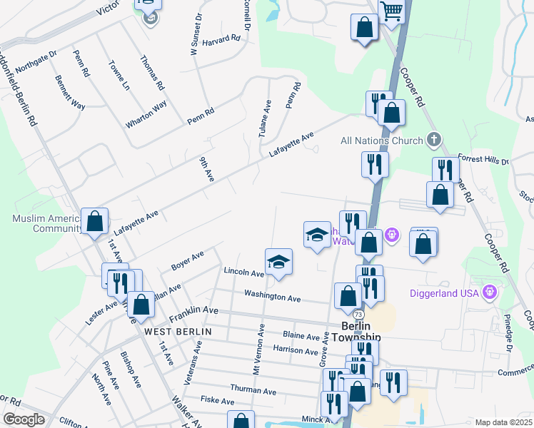 map of restaurants, bars, coffee shops, grocery stores, and more near 265 Mount Vernon Avenue in Berlin Township