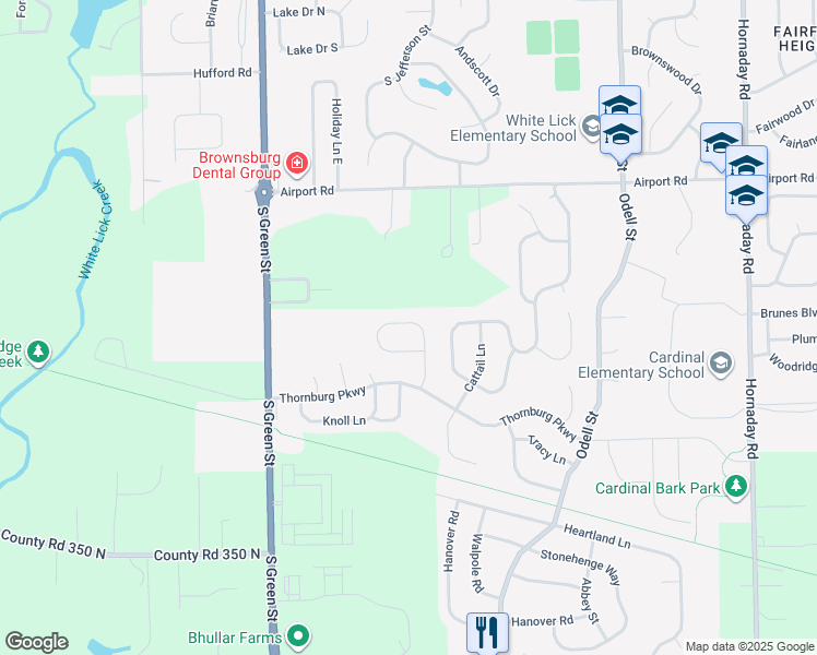 map of restaurants, bars, coffee shops, grocery stores, and more near 22 Wyndham Lane in Brownsburg