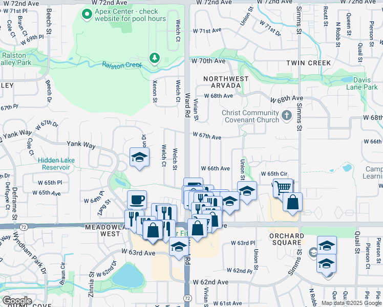 map of restaurants, bars, coffee shops, grocery stores, and more near 6626 Ward Road in Arvada