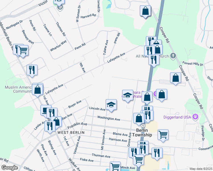 map of restaurants, bars, coffee shops, grocery stores, and more near 265 Mount Vernon Avenue in Berlin Township