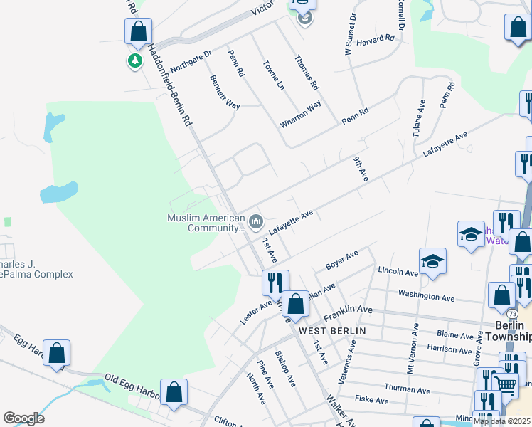 map of restaurants, bars, coffee shops, grocery stores, and more near 3 Catania Court in Voorhees Township