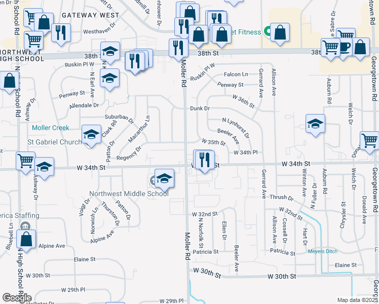 map of restaurants, bars, coffee shops, grocery stores, and more near 66 Scarlet Drive in Indianapolis