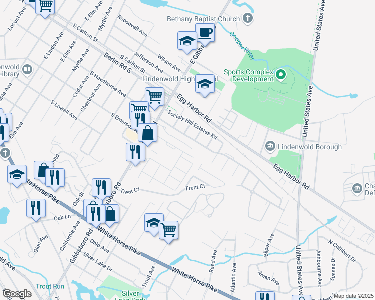 map of restaurants, bars, coffee shops, grocery stores, and more near 4107 Arborwood in Lindenwold