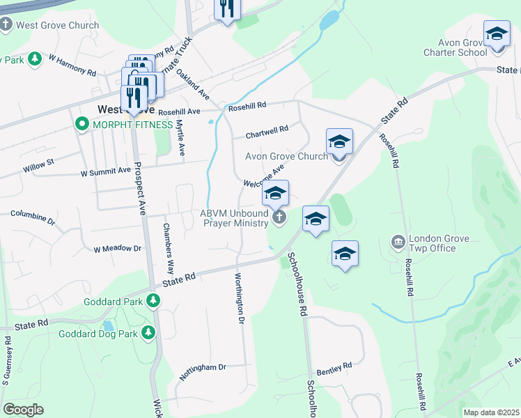 map of restaurants, bars, coffee shops, grocery stores, and more near 8 Newfield Court in West Grove