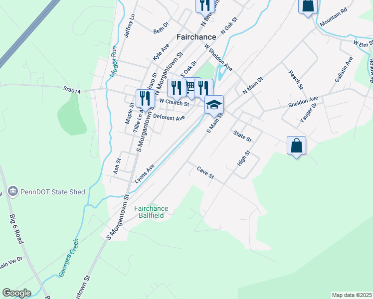 map of restaurants, bars, coffee shops, grocery stores, and more near 48 S Main St in Fairchance
