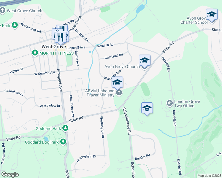 map of restaurants, bars, coffee shops, grocery stores, and more near 8 Newfield Court in West Grove