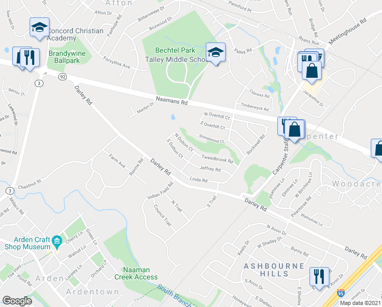 map of restaurants, bars, coffee shops, grocery stores, and more near 1076 North Dolton Court in Wilmington