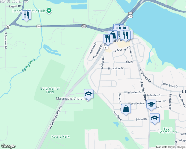 map of restaurants, bars, coffee shops, grocery stores, and more near 57 Madison Drive in Decatur