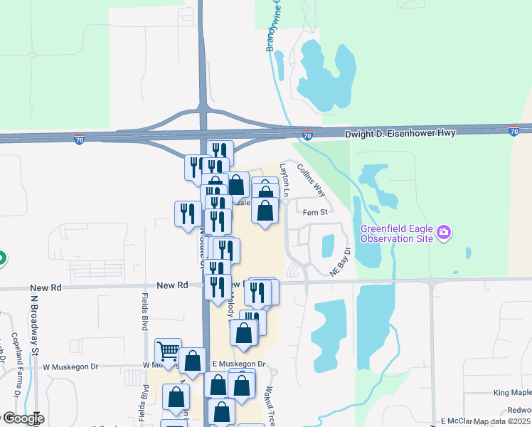 map of restaurants, bars, coffee shops, grocery stores, and more near 2223 Barrett Drive in Greenfield
