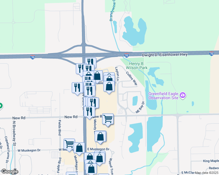 map of restaurants, bars, coffee shops, grocery stores, and more near 2223 Barrett Drive in Greenfield