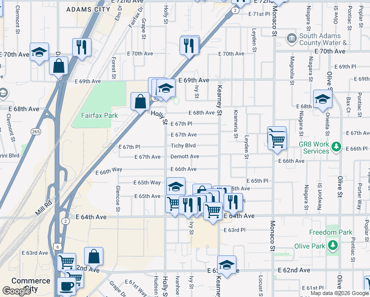 map of restaurants, bars, coffee shops, grocery stores, and more near 5720 Tichy Boulevard in Commerce City