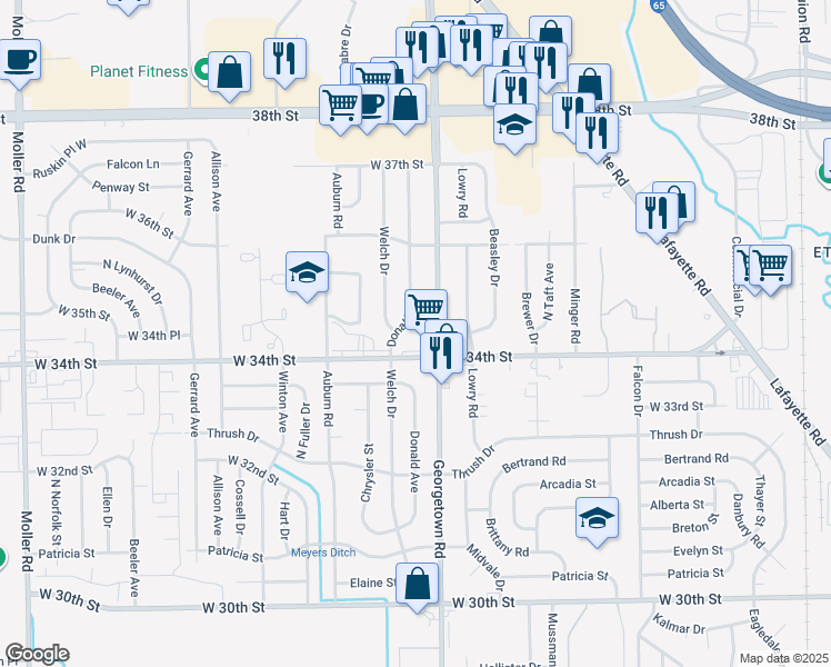 map of restaurants, bars, coffee shops, grocery stores, and more near 3423 Donald Ave in Indianapolis