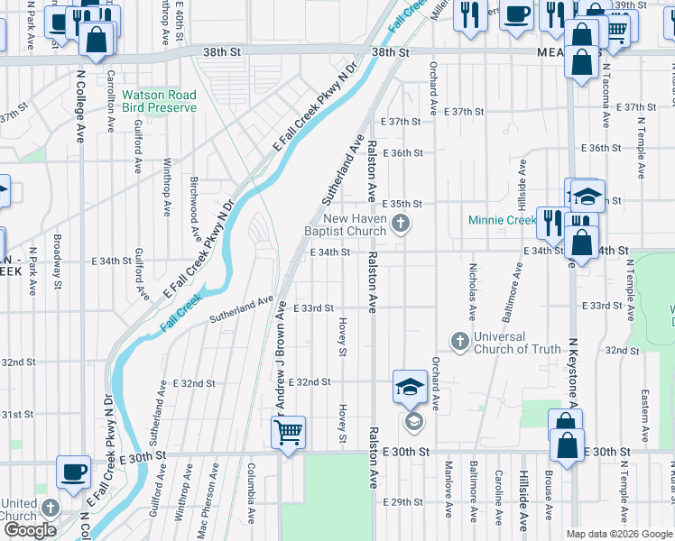 map of restaurants, bars, coffee shops, grocery stores, and more near 3350 Hovey Street in Indianapolis