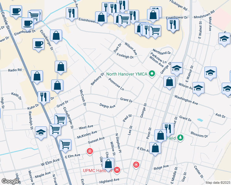 map of restaurants, bars, coffee shops, grocery stores, and more near 302 Deguy Avenue in Hanover