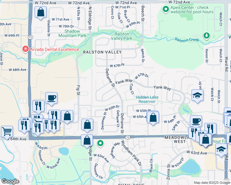 map of restaurants, bars, coffee shops, grocery stores, and more near 13803 West 66th Way in Arvada