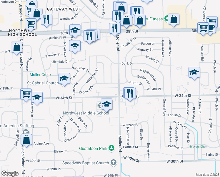map of restaurants, bars, coffee shops, grocery stores, and more near 5531 Scarlet Drive in Indianapolis