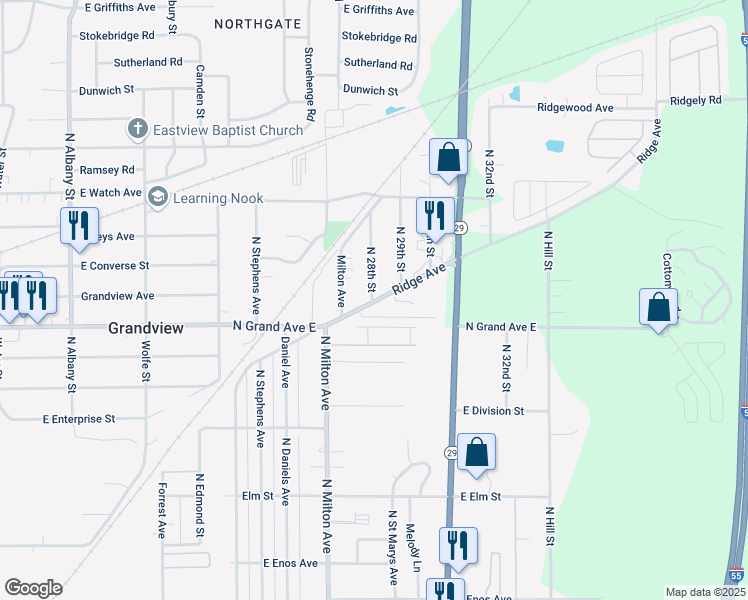 map of restaurants, bars, coffee shops, grocery stores, and more near 2801 Ridge Avenue in Springfield