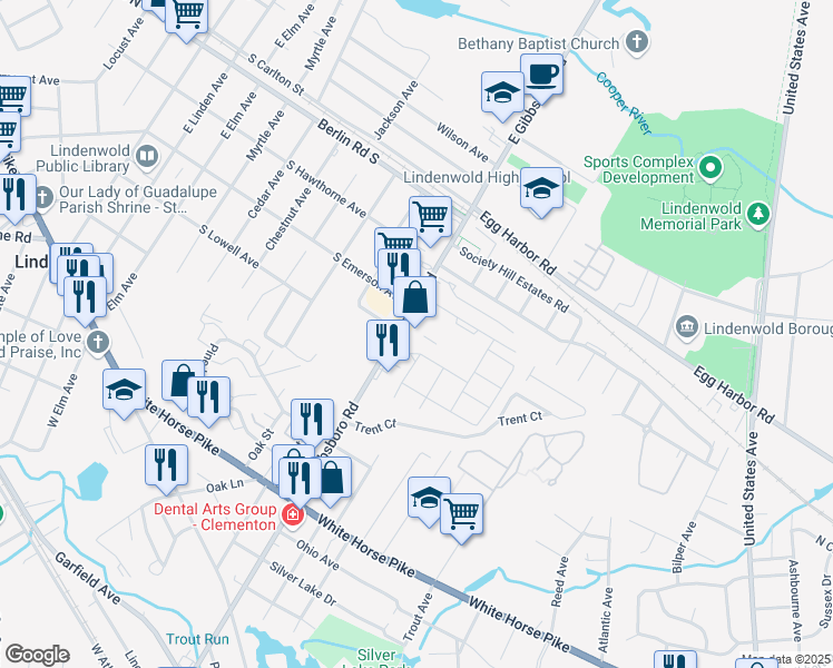 map of restaurants, bars, coffee shops, grocery stores, and more near 301 East Gibbsboro Road in Lindenwold