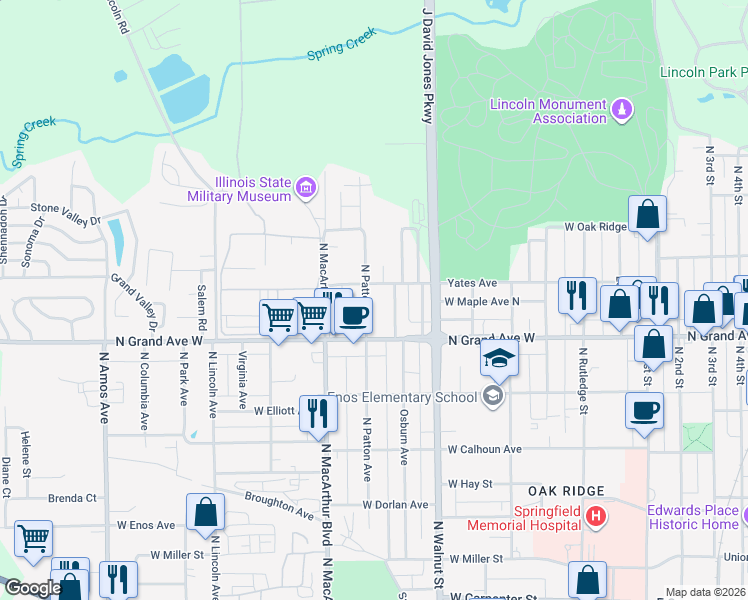 map of restaurants, bars, coffee shops, grocery stores, and more near 1228 North Patton Street in Springfield