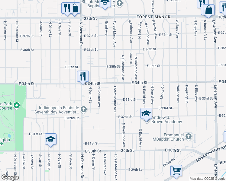 map of restaurants, bars, coffee shops, grocery stores, and more near 3364 Forest Manor Avenue in Indianapolis