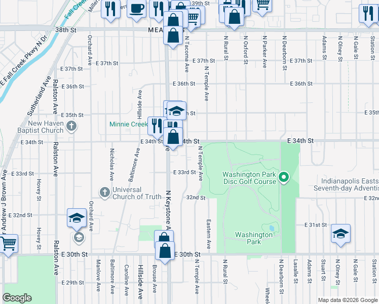 map of restaurants, bars, coffee shops, grocery stores, and more near 3342 North Temple Avenue in Indianapolis