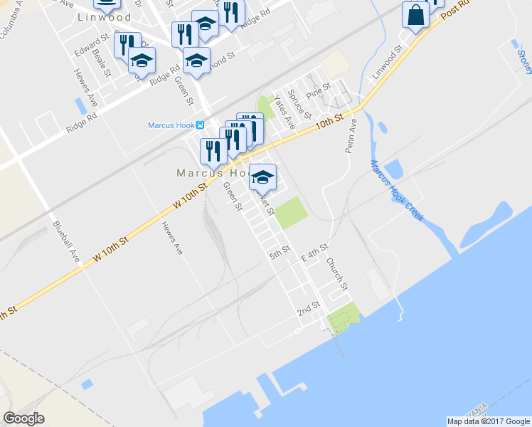map of restaurants, bars, coffee shops, grocery stores, and more near 704 Market Street in Marcus Hook
